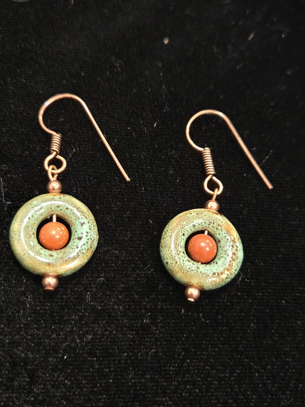 Artisan Green Ceramic Donut Earrings with Orange Bead